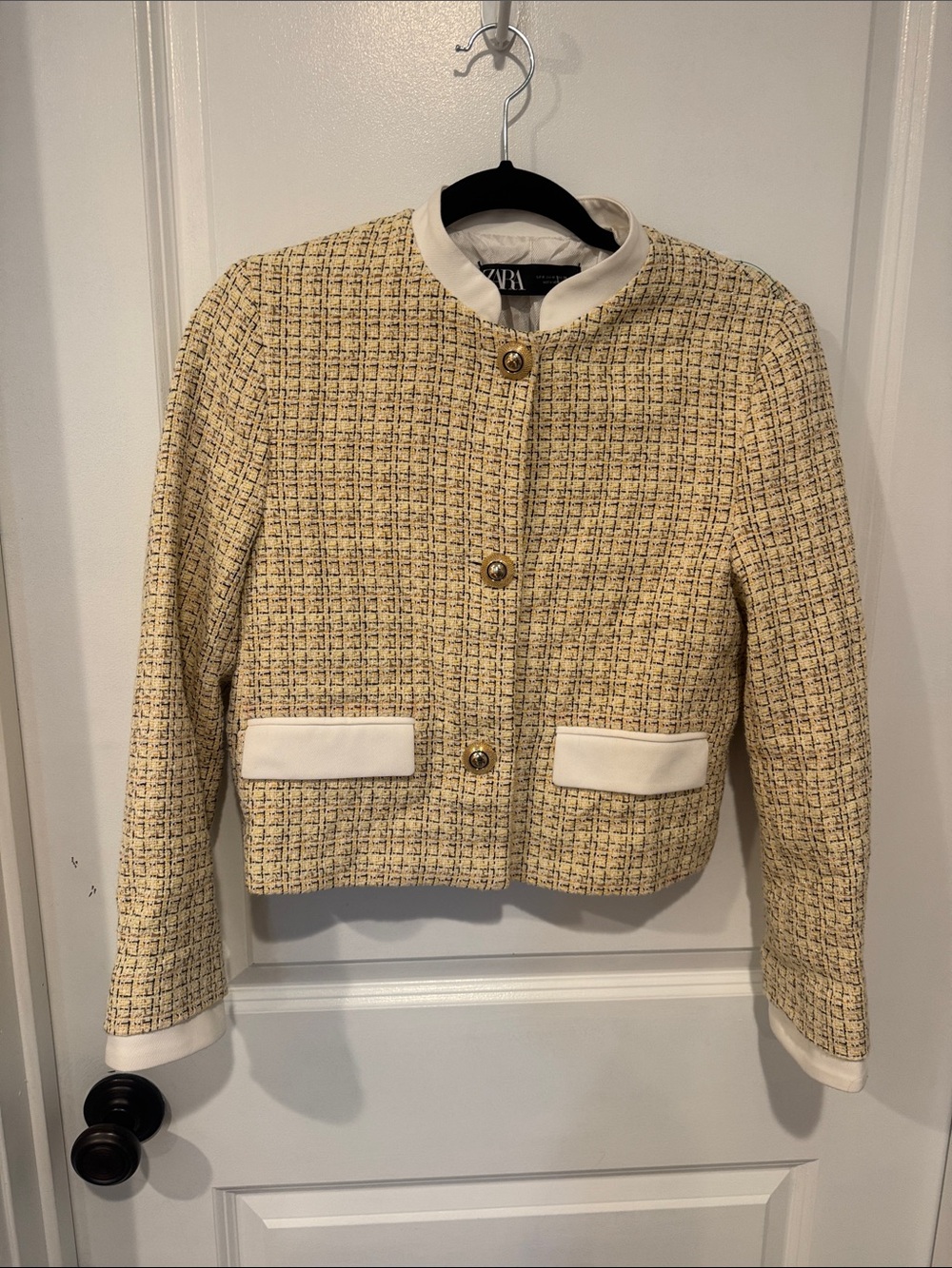 Zara Yellow Tweed Cropped Blazer with Cream Trim